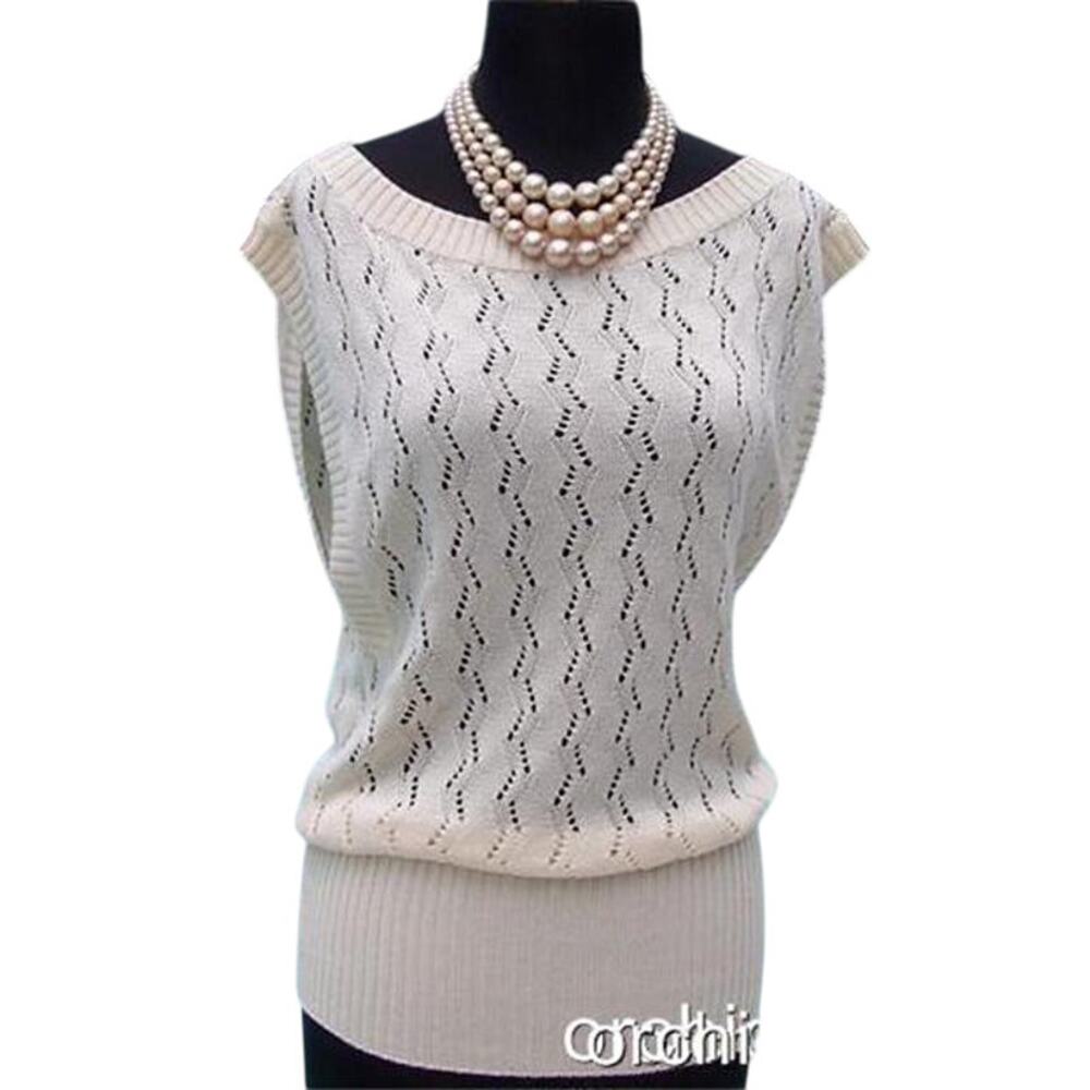 Cache Beige Peek A Boo Crochet Sand Beige Cotton Knit Stretch Top New NWT $118